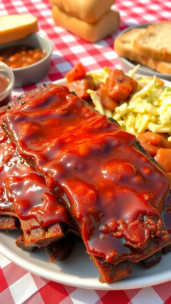 Juicy barbecue ribs glazed with sauce, served with coleslaw and baked beans on a picnic table.